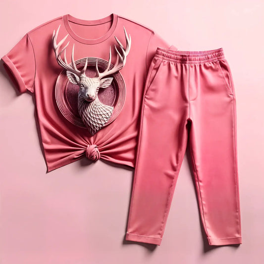Women's Pink Sculpted Deer T-Shirt & Jogger Combo