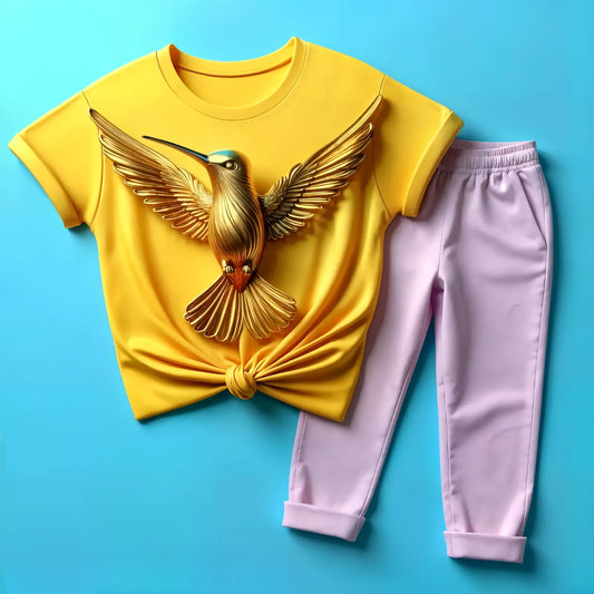 Women's Golden Hummingbird Tee & Pink Jogger Combo