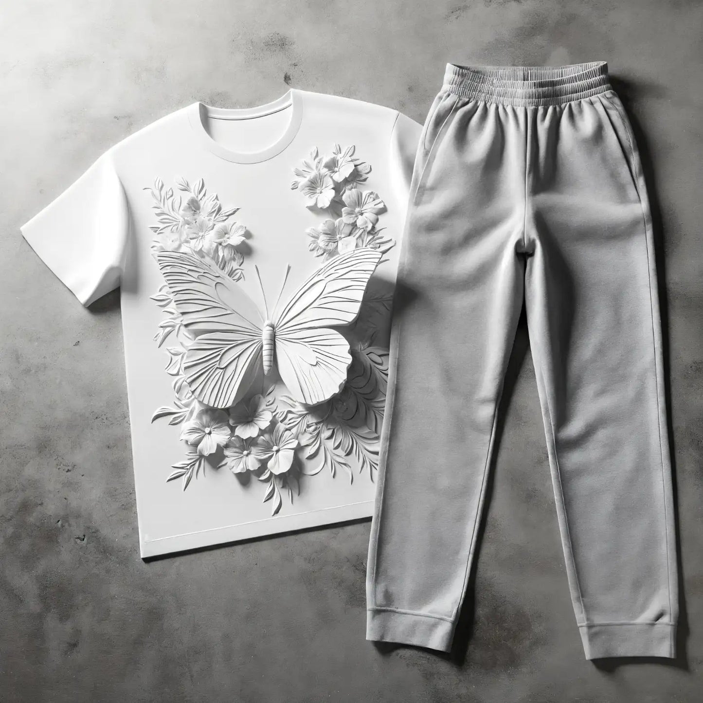 White Magical Butterfly Tee & Grey Jogger Combo