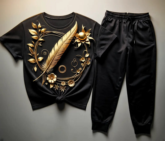 Women's Black Golden Feather Tracksuit