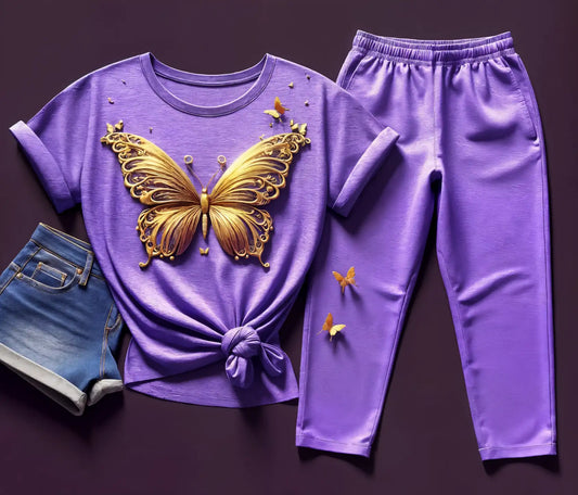 Women's Light Lavender Golden Butterfly Tee and Lavender Jogger