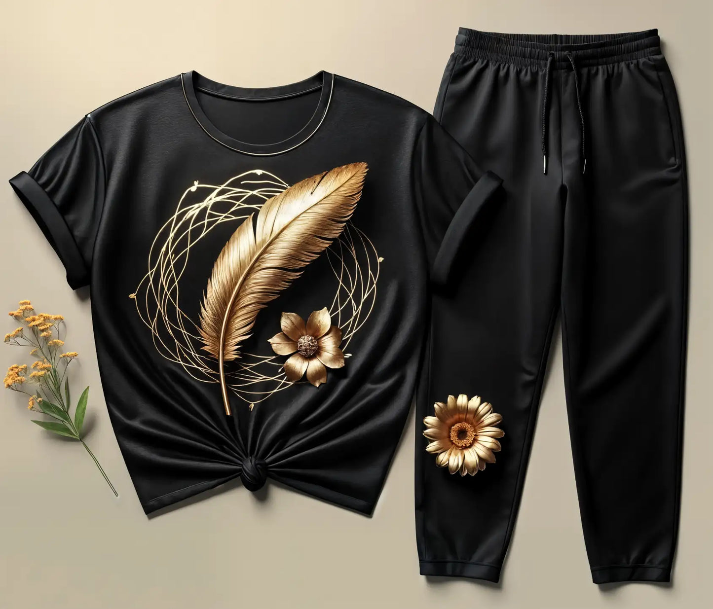 Golden Black Women's Feather Tee & Black Jogger