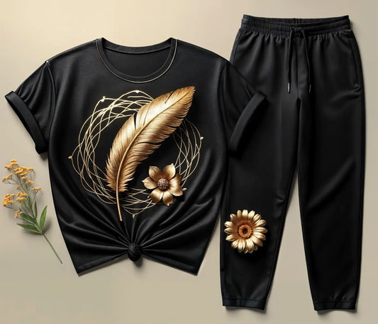 Golden Black Women's Feather Tee & Black Jogger