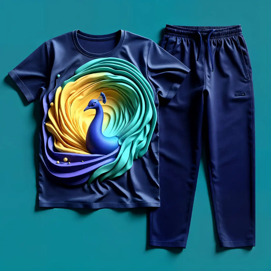 Peacock Abstract on Dark Blue Tee with Deep Navy Jogger Tracksuit