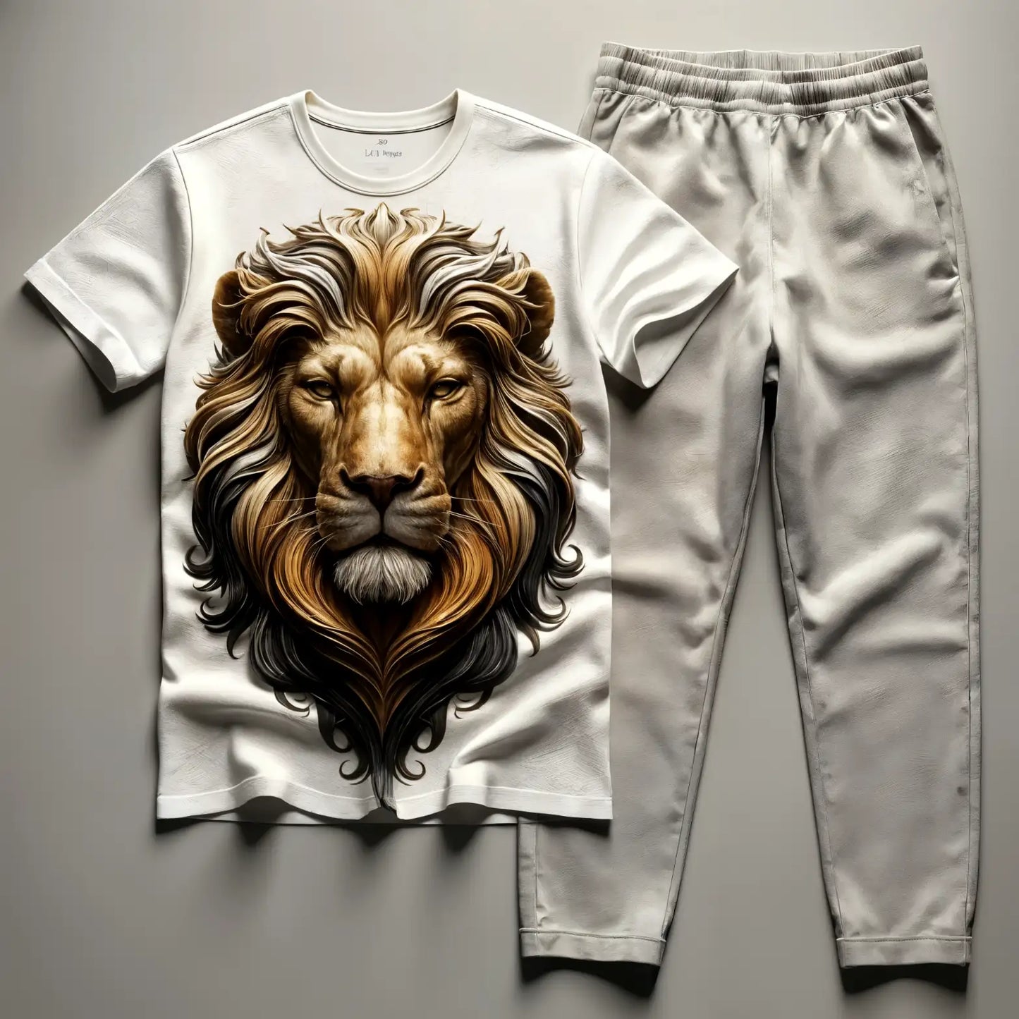 Lion 3D Facing Design Smooth White Tee With Grey Tracksuit