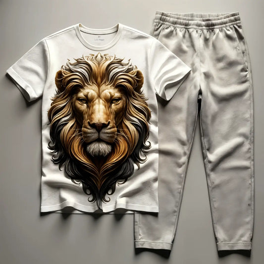 Lion 3D Facing Design Smooth White Tee With Grey Tracksuit