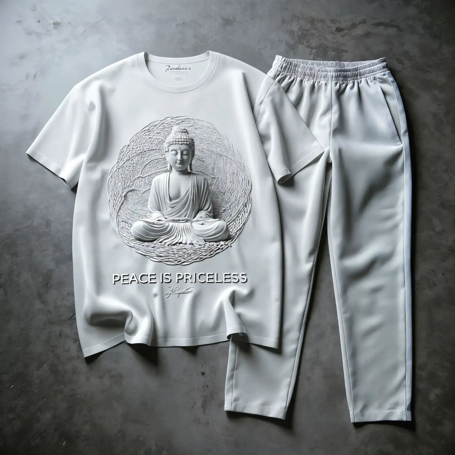 Premium Peace Is Priceless White Buddha Tshirt & Grey Jogger Combo
