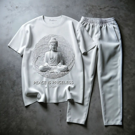 Premium Peace Is Priceless White Buddha Tshirt & Grey Jogger Combo