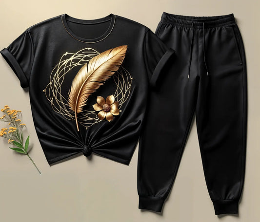 Women's Black Golden Feather Bloom Tracksuit