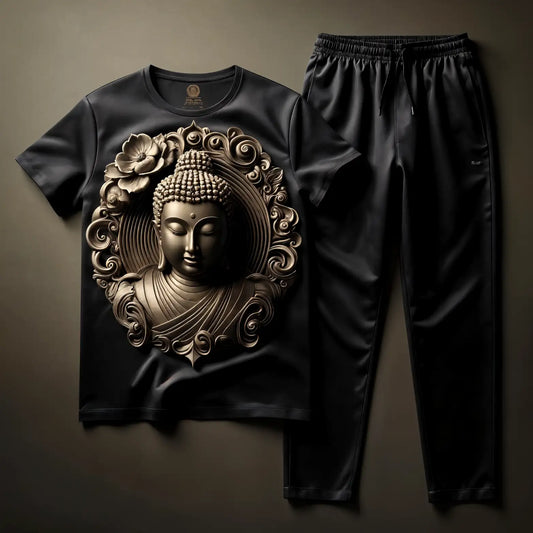 Ancient Buddha Black Tee with Charcoal Black Jogger Tracksuit