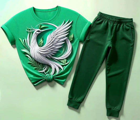 Women's Green Phoenix Feather T-Shirt & Jogger Combo