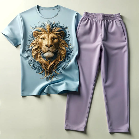 Skyblue Elegant Lion & Light Lavender Jogger Combo Set