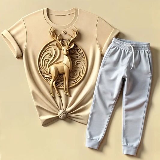 Women's Royal Grove Deer Beige T-Shirt & Grey Jogger Combo