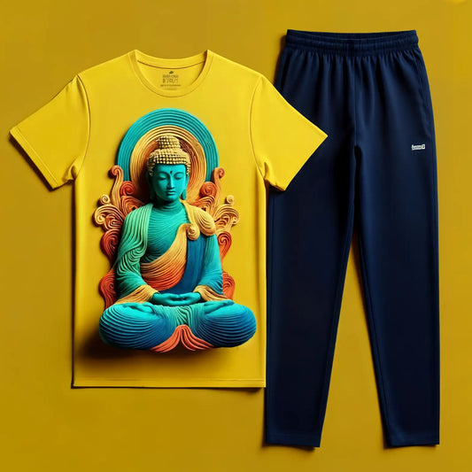 Premium Yellow Serenity Zen Buddha T-shirt With Navyblue Tracksuit
