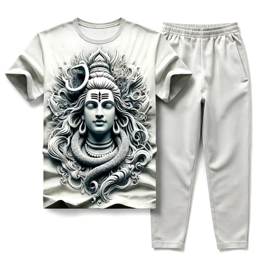 Lord Shiva Immortal White Tee with Misty Snow Jogger Tracksuit