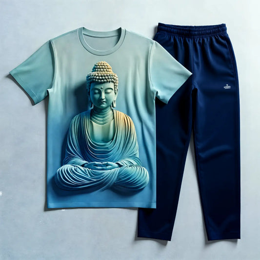 Premium Cyan Bliss Buddha T-Shirt & Navyblue Jogger Combo