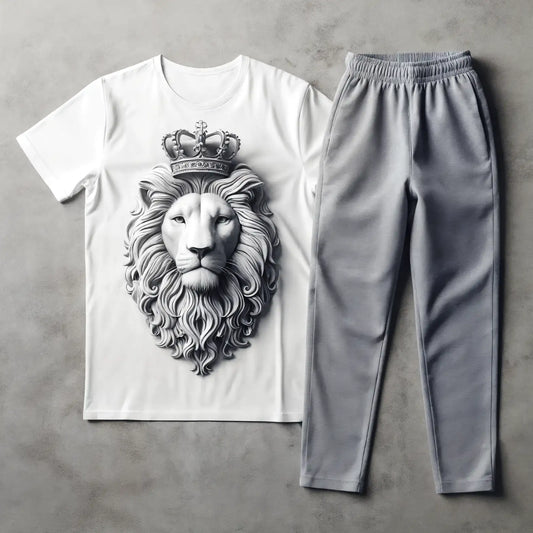 White Crown king Lion Tee & Grey Jogger Combo