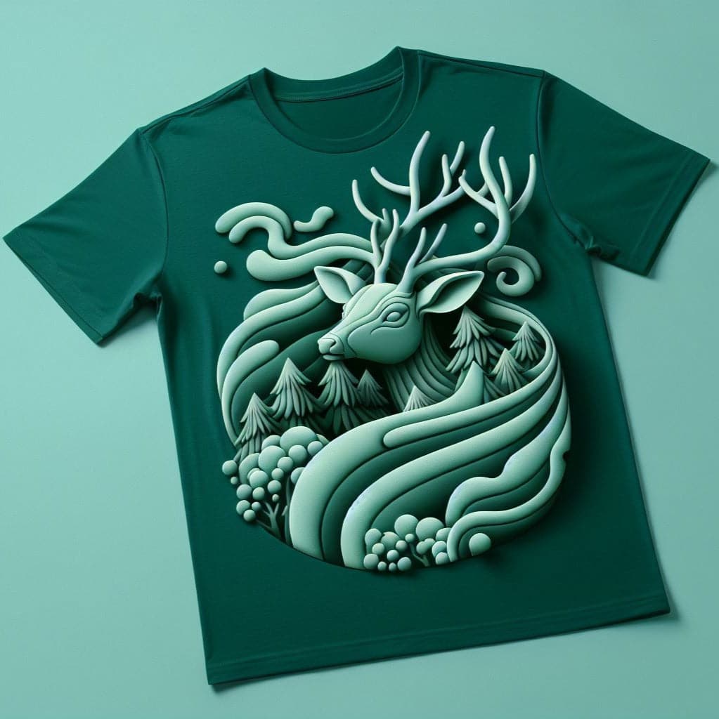 Verdant Deer Green Design Printed Round Neck Short Sleeve Cotton T - Shirt - Acquires