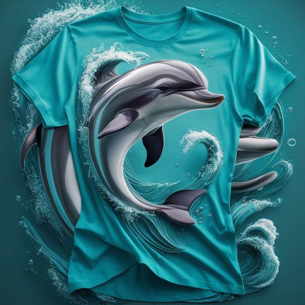 Vibrant Aqua Dolphin Slim Fit Round Neck Half Sleeve Cotton T - Shirt - Acquires