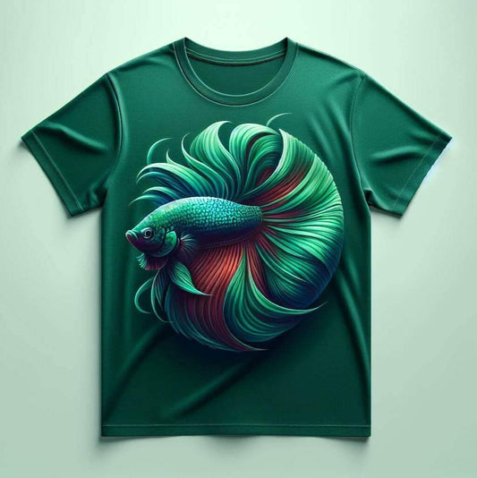 Vibrant Betta Green Design Printed Round Neck Short Sleeve Cotton T - Shirt - Acquires