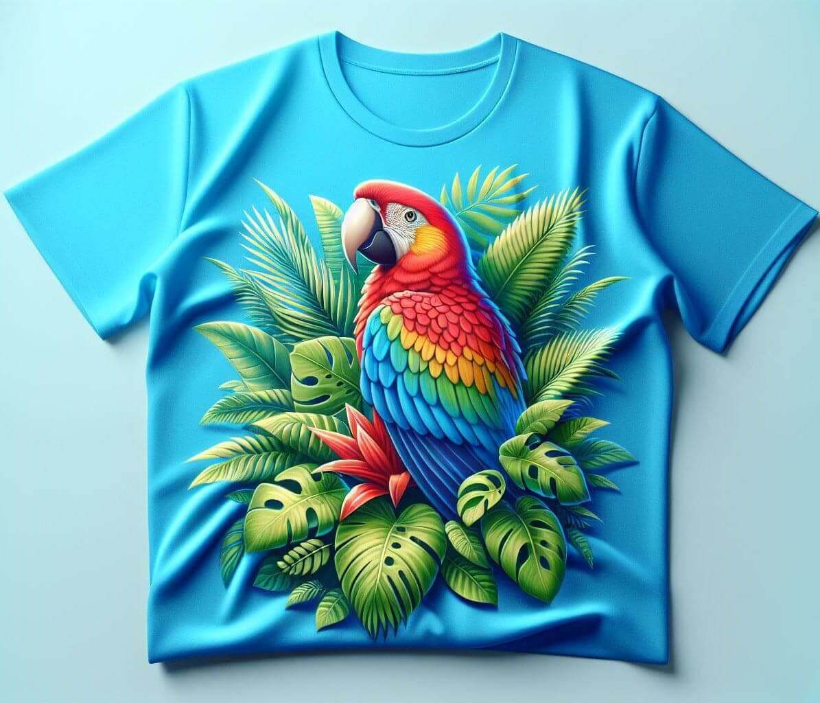 Vivid Macaw Blue Design Printed Round Neck Short Sleeve Cotton T - Shirt - Acquires