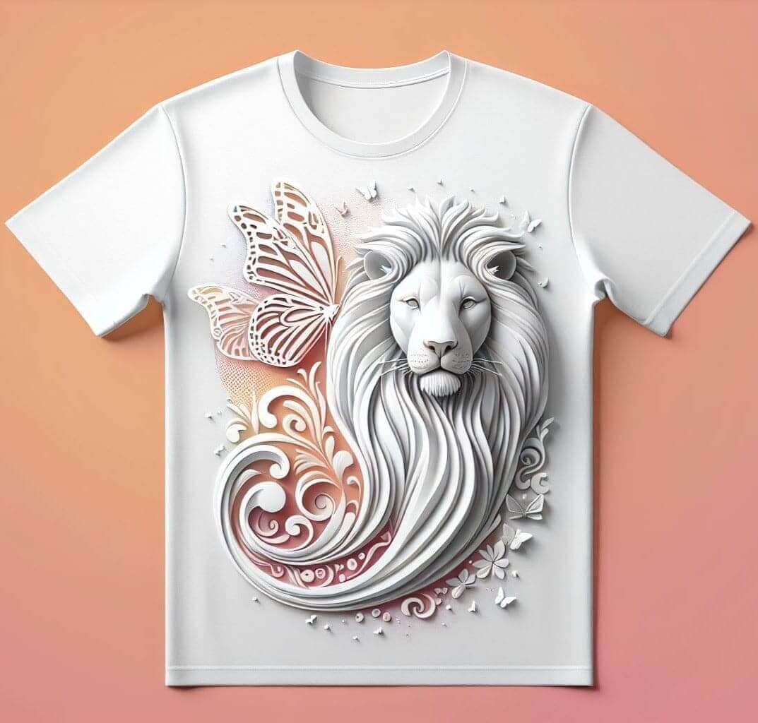 White Lion Butterfly Graphic Design Printed Round Neck Short Sleeve Cotton T - Shirt - Acquires