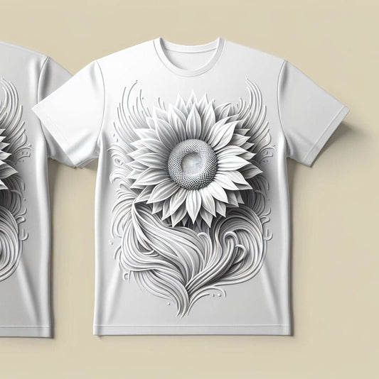 White Sunflower Design Printed Round Neck Short Sleeve Cotton T - Shirt - Acquires