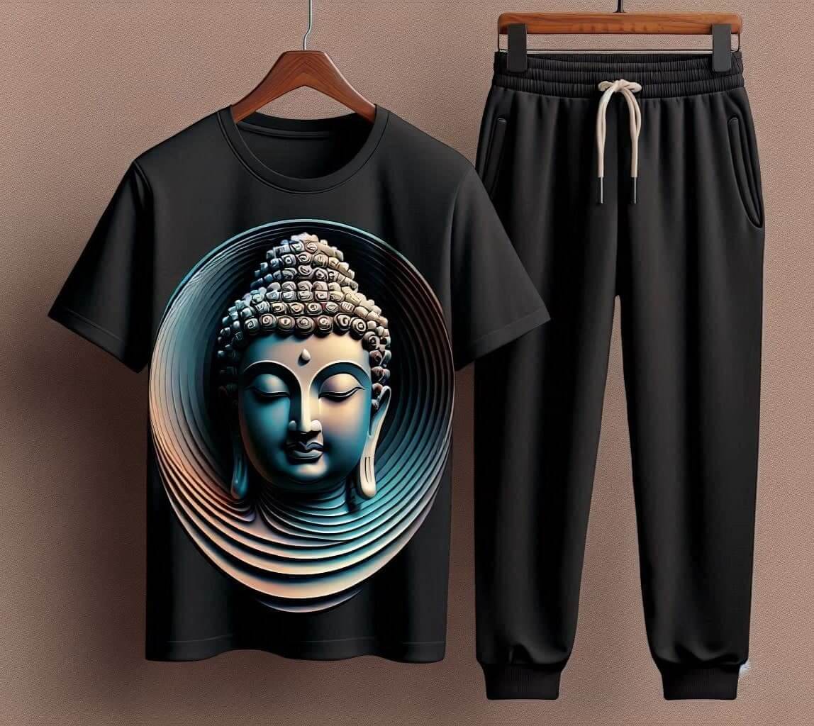 Wise Buddha Black Tracksuit Set with Plain Pant - Acquires