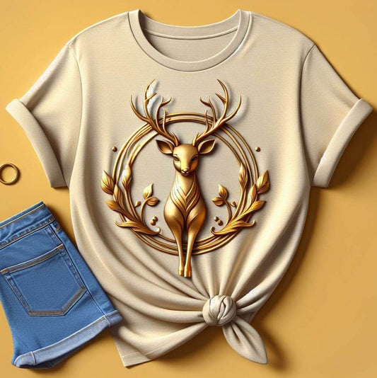 Women's Beige Embossed Golden Stag T - Shirt - Acquires