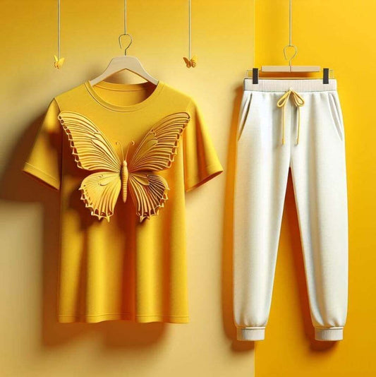 Yellow Butterfly Bliss & Grey Jogger Tracksuit Set - Acquires