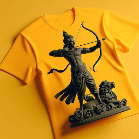 Yellow Lord Rama Tee Design Printed Round Neck Short Sleeve Cotton T - Shirt - Acquires