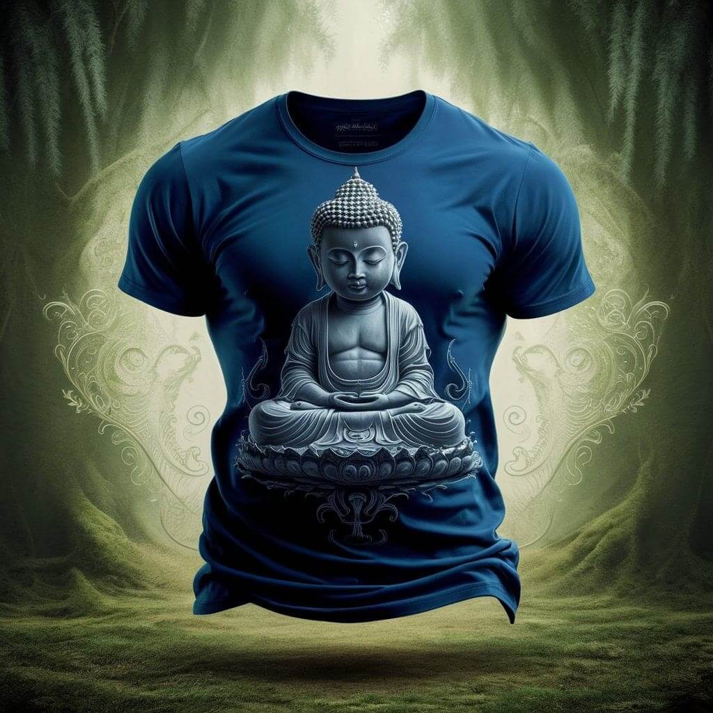 Zen Buddha Tranquil Blue Refined Round Neck Half Sleeve Cotton T - Shirt - Acquires