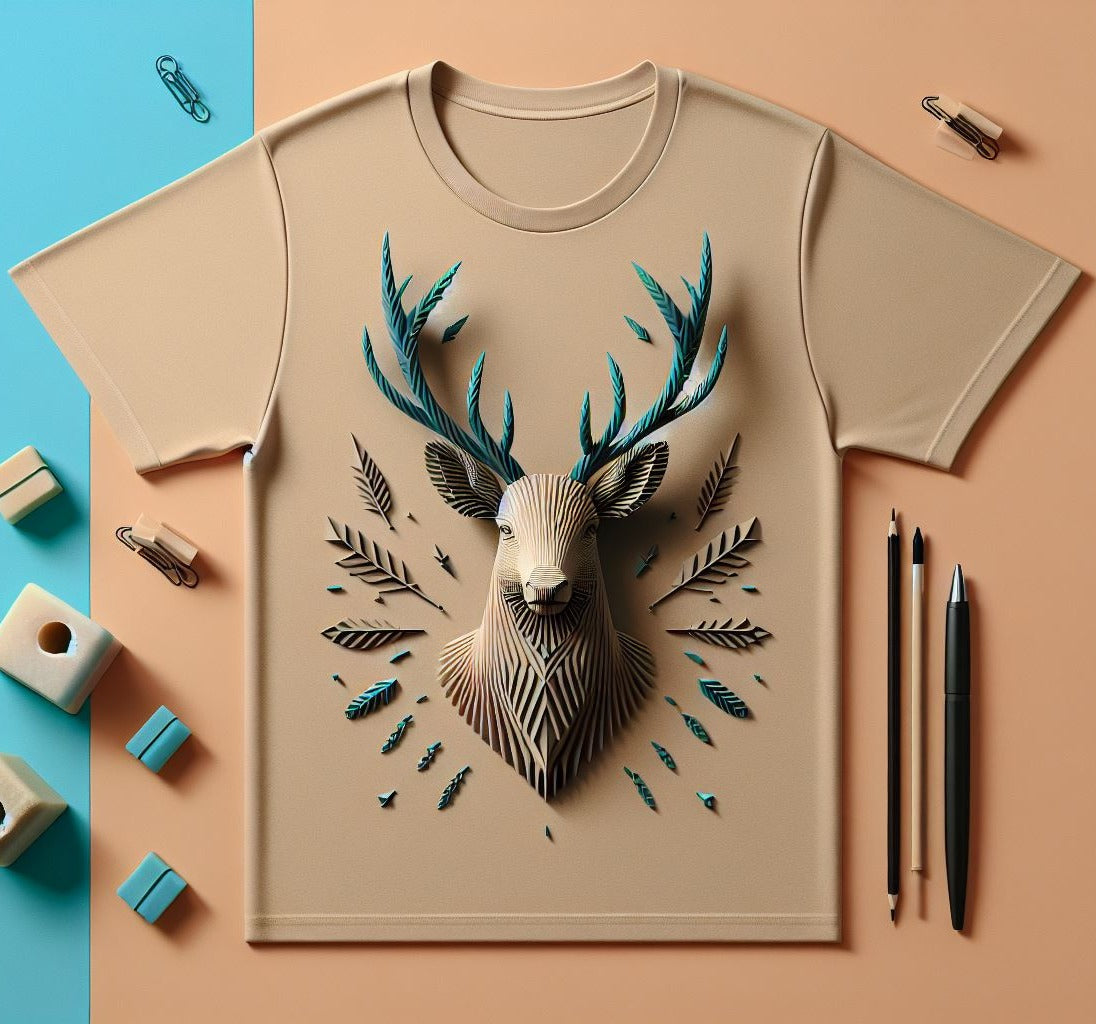 Abstract Deer Beige Color Cotton Short Sleeve T-Shirt